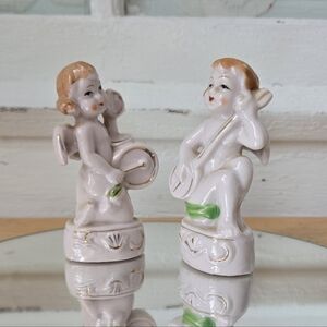 Vintage Porcelain Angel Musician Figurine Set Pink Gold Accent